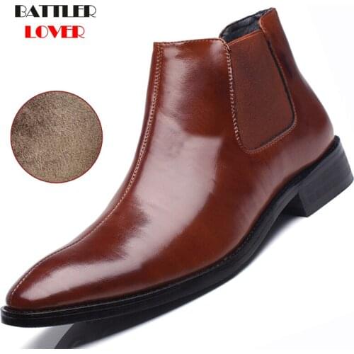 2019 Winter Chelsea Dress Boots Men Leather Shoes Men Ankle Boots Fashion Brand Autumn Winter Fleece Warm Botas Male Footwear