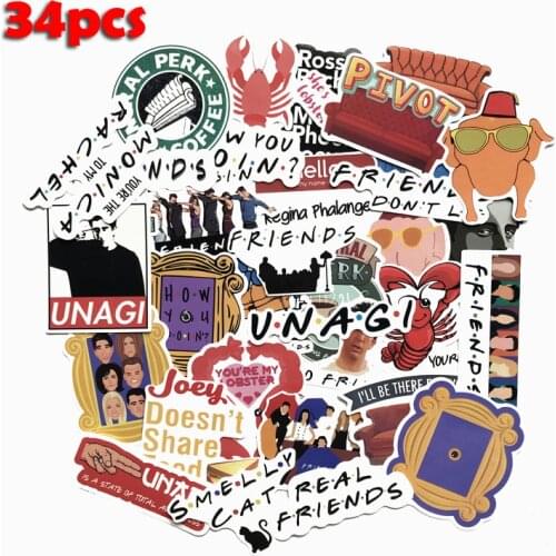 TD ZW 34 Pcs/Lot American TV Friends Sticker Funny Slogan Decal For Laptop Car Skateboard Bike Fridge Guitar Classic Stickers