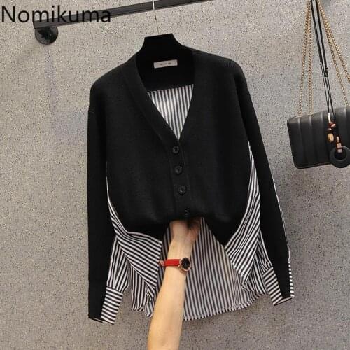 Nomikuma 2020 Plus Size Knitted Cardigan Korean Striped Patchwork Causal Sweater Coat Long Sleeve V-neck Knitwear Jacket 6D405