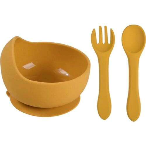Null 3 Pcs Baby Training Feeding Food Bowl Spoon Fork Set Anti Slip Silicone Suction Dishes Utensil BPA-Free Tableware for