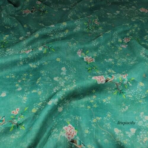 Original design high quality bird flower pure ramie printed fabric
