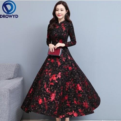 2021 Chinese Style Cheongsam Autumn Dress Vintage Knit Cotton Long Sleeve Midi Dresses Women Party Black Print Maxi Vestidos