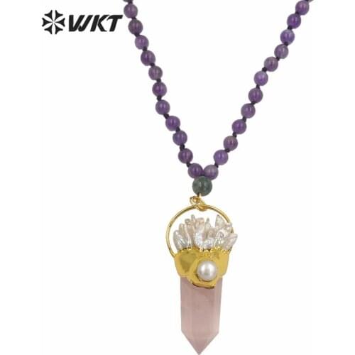 WT-N1243 Amazing women gorgeous spirit quartz point necklace 30 inch long 8mm round a-methyst beads pink stone pendant necklace