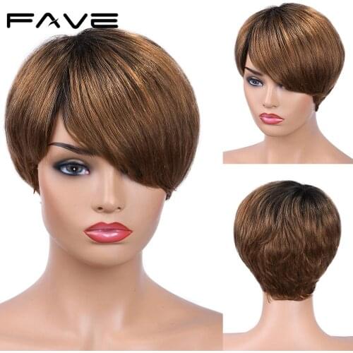 FAVE Short Pixie Cut Full Wigs Long Bangs Straight Brazilian Remy Hair 1B Brown Color 150% Density Machine Made Wigs For Women