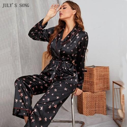 JULYS SONG Satin Slik Women Pajamas Sleepwear Woman Star Printed Summer Pyjama Long Sleeve Female Homewear Soft Lounge wear