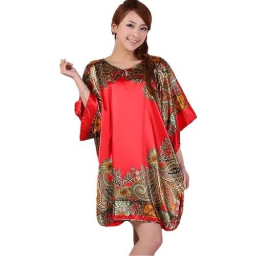 Plus Size Womens Faux Silk Robe Bath Gown Nightgown Pijama Mujer Summer Sleepshirts New Style Sleepwear Printed Zh597S
