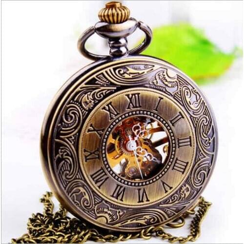 Luxury Bronze Roman Numerals Manual mechanical Pocket Watch Men Women Carving Retro Chain Gift