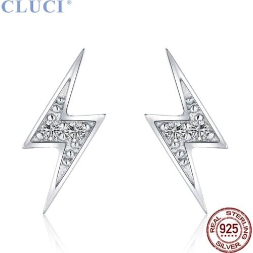CLUCI Silver 925 Lightning Shape Stud Earrings for Women Jewelry Zircon Fine Jewelry 925 Sterling Silver Stud Earrings DE002SB