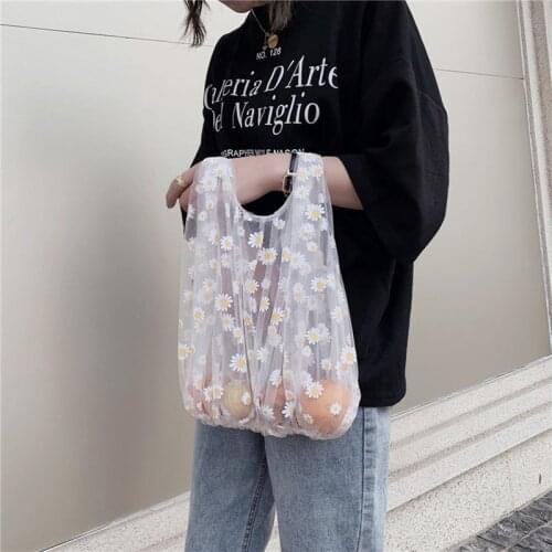 2020 New Transparent Gauze Tote Mesh Cloth Bag Foldable Daisy Embroidery Fruit Storage Bag Cute Handbag Reusable Shopping Bags
