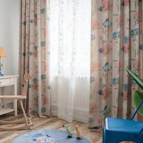 Nordic Cotton and Linen Curtain Tulle Living Room Bedroom Study Printing Fish Childrens Room Underwater World Curtains Custom