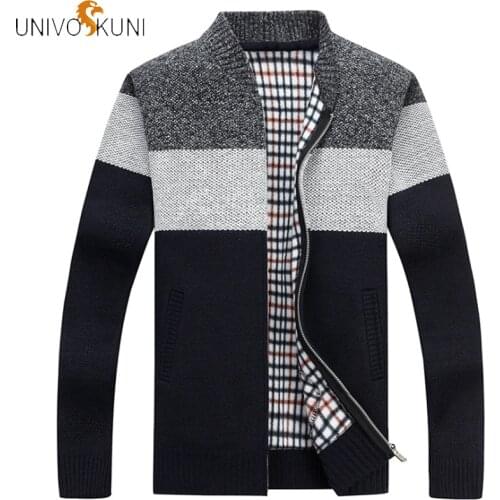 UNIVOS KUNI Winter Casual Sweater Mens Knit Stitching Striped Long Sleeve Plus Velvet Pull Homme Cardigan Sweater Jacket Q5228