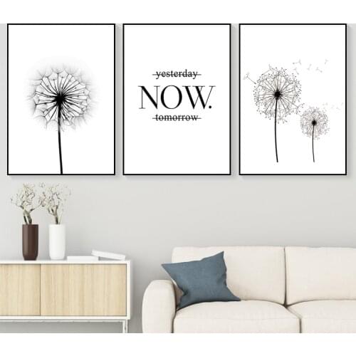 Yesterday Now Tomorrow Motivational Quote Poster Wall Art Print Minimalist Black White Dandelion Prints Picture Decor Posters