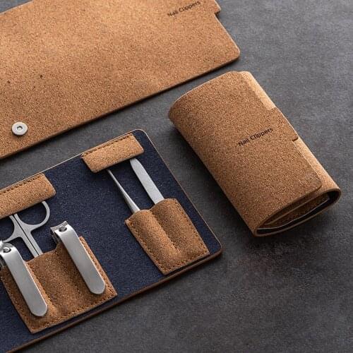 Youpin 5pcs/set Nail clippers Eyebrow scissors ear picks nail clippers manicure tools natural wood leather case