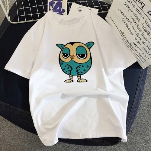 Owl Design Print White T-shirt Short Sleeve Harajuku Aesthetic Women Graphic T Shirts Clothes Top Tees Female