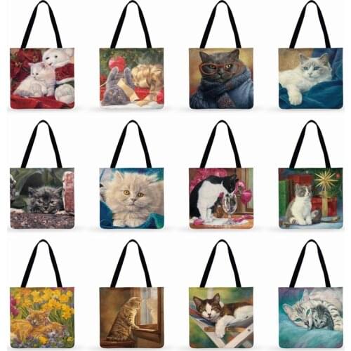 Women Casual Tote Cute Pastoral Cat Oil Painting Print Tote Bag Ladies Shoulder Bag Outdoor Bag Beach Bags Foldable Shopping Bag