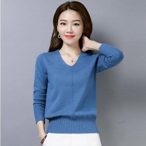 Womens V-neck Sweater 2020 New Spring Autumn Thin Basic Sweater Long Sleeve Loose Knitting Pullover Femme Tops Ladies Jumper 96