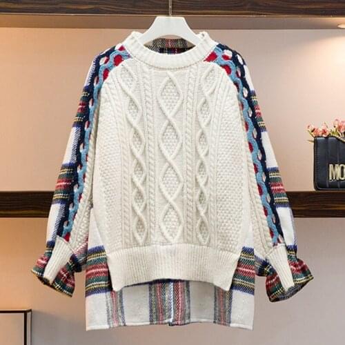 Womens Knitted Patchwork Fake Two-piece Top Loose Long-sleeved Round Neck New Style 2021 Fall Winter Pullover Sweater