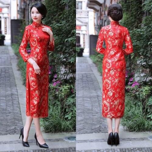Phoenix Tail Long-Sleeved Cheongsam Summer WomenS Improved Self-Cultivation Retro Chinese Style Show Catwalk Long Qipao Dress