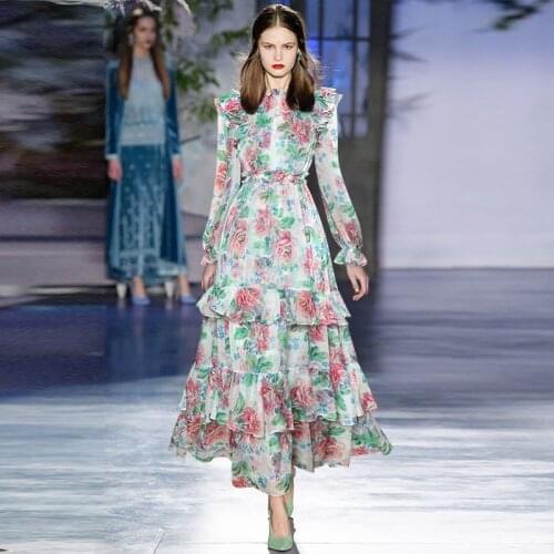 Qian Han Zi fashion Maxi dress Women lantern sleeves vintage Flower print Chiffon waist elastic Cascading Ruffle Long dress