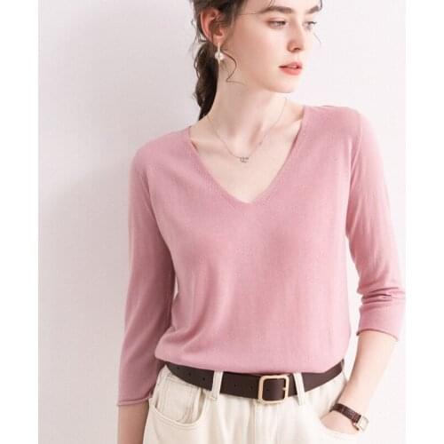 2021 Spring and summer new V-neck sweater ladies knit solid color V-neck pullover thin cashmere wool sweater short 3/4 sleeves