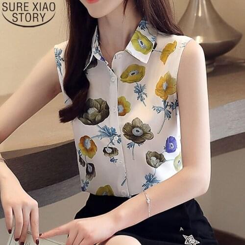 2021 Sleeveless Floral Print Chiffon Clothes Womens Summer Blouses Shirt Office Lady Womens Tops and Blouses Blusas 4367 50