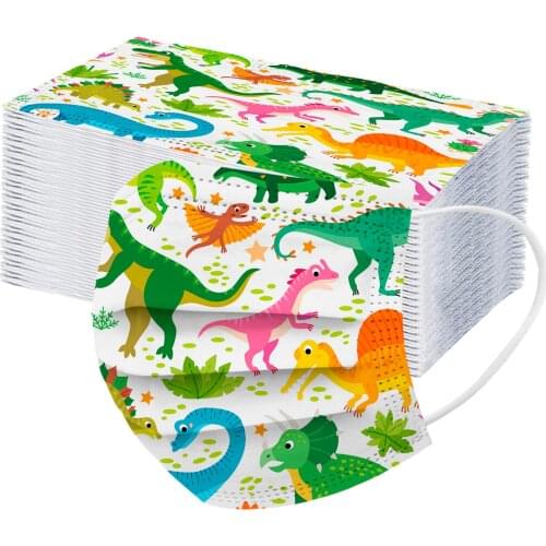 50pcs Kids Childrens Dinosaur Print Disposable Face Mask Mascarillasbreathable 3ply Earloop Mouth Mask Halloween Cosplay Masque