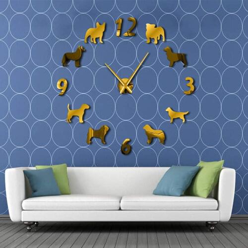 Promotion new dog art living room bedroom mute wall clock modern design mirror stickers home decor living room decoration
