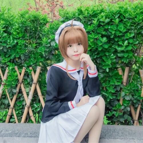 Anime Cardcaptor Sakura Cosplay Costume Sakura Kinomoto School Uniforms Outfits Sailor Suit Full Set ( Top + Skirt + Cap + Tie )