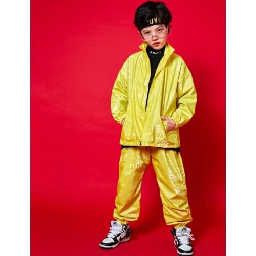 Kids Gril Boy Shiny Fabric Letter Print Streetwear Hip Hop Loose Casual Jacket Pant Sets Tracksuit Children Stage Show Clothing