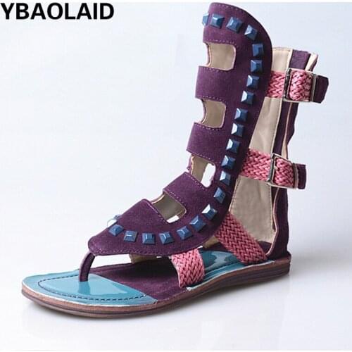 Sandals Short Summer Sanded Cowhide Color Matching Braided Belt Buckle Rivet Flip Flops Back Zipper Flat Roman Sandals