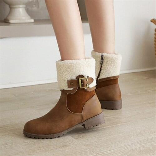PXELENA Lambswool Decor Buckle Ankle Boots Women Low Heel Casual Comfort Daily Shoes Round Toe 2020 Winter Short Boots Plus Size