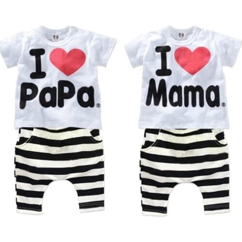 Baby Thanksgiving Outfits Stripe Two Piece Set I Love Papa I Love Mama Print Twin Baby Clothes Toddler Girls Boys Summer Clothes