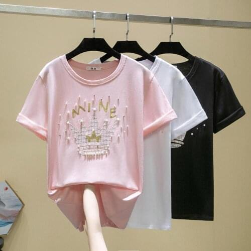 GGRIGHT 2020 Pearls Beading Cotton T-shirt Women Girls Print Casual Knitted Tees Female O-Neck Oversized T-shirts Women Harajuku