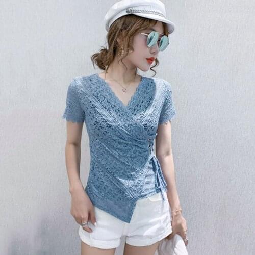 Summer Tee Women T-shirt 2021 New Fashion Sexy V-Neck Short Sleeve Irregular Slim Lace Shirt Tops