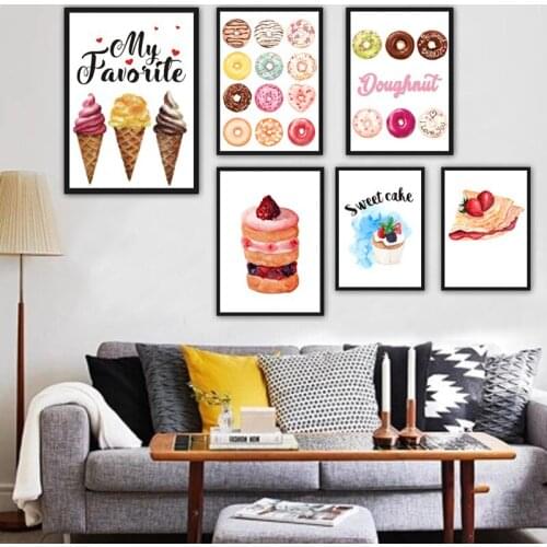 Cartoon Cute Ice Cream Donut and Cake Canvas Painting Wall Art Nordic Posters and Prints Wall Pictures for Living Room Decor