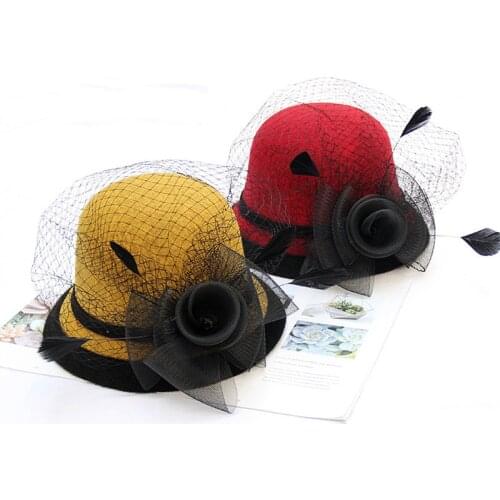 K93 2020 NEW Ladies Autumn Winter Woolen Hat Feather Mesh Hats Flower Retro Sun hat Ladies Elegant All-match Top Hat Fashion Cap