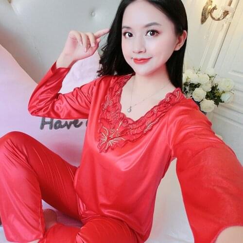 New Pajamas for Women Autumn Solid Color Long Sleeve Silk V-neck Sleepwear Set Lonxu Silk Pajamas Sets Young Girl Pyjamas
