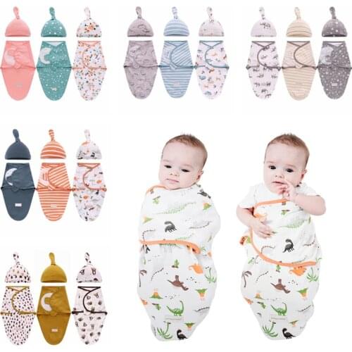 2pcs/Set Newborn Swaddle Blanket + Cap Adjustable Wrap Receiving Blanket Baby 100% Cotton Sleep Bag for 0-3 Months 3-6 Months