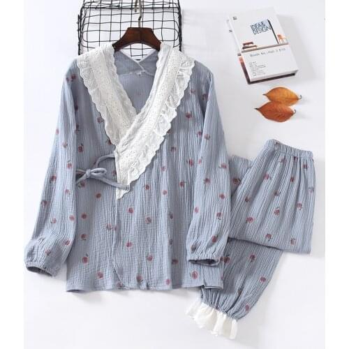 Japanese Kimono Pajamas Women Spring Cotton Gauze Crepe Pajama Set V-Neck Long Sleeve Sleepwear Loose Soft Loungewear Two Piece