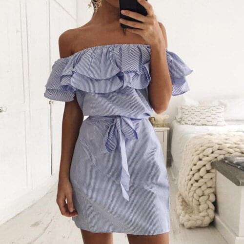 Off-The-Shoulder Striped A Spot Dresses Women Sexy Dress Stripe Ruffle Elastic Horizontal Collar Off Shoulder Dress for Party