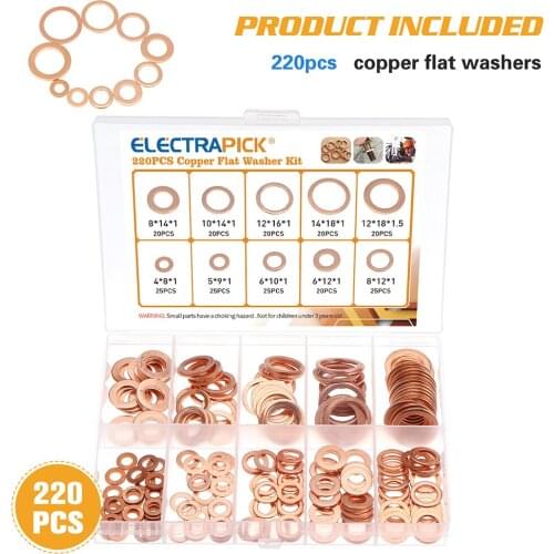 180/220/360PCS Flat Washers Sealing Rings Copper Flat Assortment Brass-plated Washers Set with Box Suitable for Screw