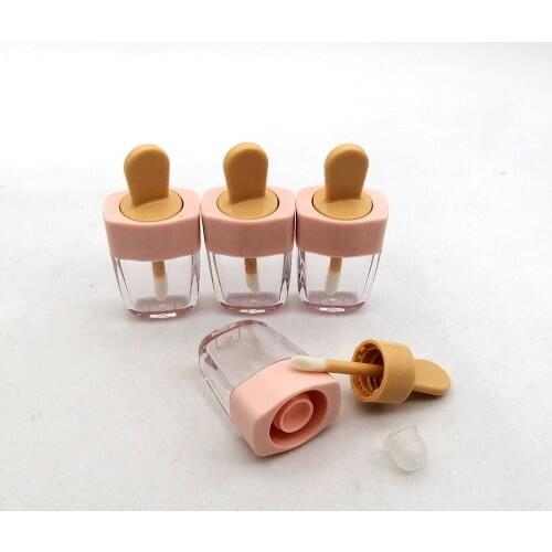 Transparent plastic pink lid flat lip gloss empty tube cosmetic ice-lolly lipgloss packaging container with stopper