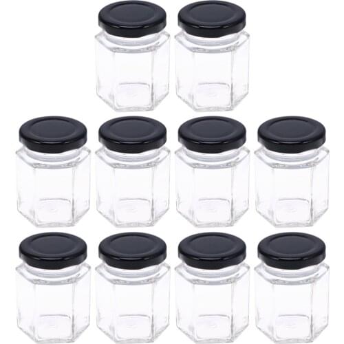 10pcs 45/85ml Hexagon Transparent Glass Bottle 60g Honey Storage Bottle Empty Jar Nut Sugar Canister Tank for Home Kitchen
