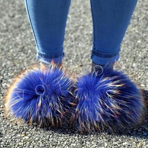 Summer Woman Fur Slides Women Furry Rainbow Fur Slippers Female Fluffy Fox Fur Flip Flops Ladies Raccoon Fur Flats Amazing Shoes