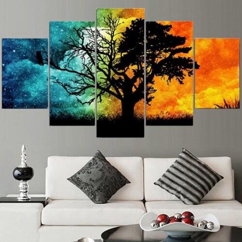 Modern 5 Panel Colorful Abstract Tree Landscape Poster Wall Art Canvas Painting HD Printed Pictures Living Room Bedroom Decor