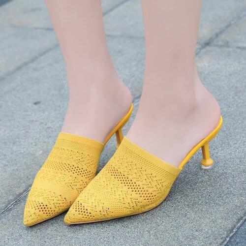 Knit Mesh Breathable High heels Mules slippers women 2020 summer shoes women Pointed Toe Thin Heels Fashion Party ladies shoes