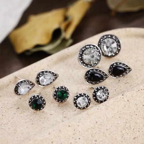 Vintage Stud Earrings 5 Pairs/Set White Black Crystal Trendy Jewelry Dazzling Pretty Bohemian Women Jewelry Dazzling Water Drop