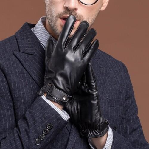 YY8791 Man Real Leather Gloves Male Winter Thick Velvet Short Drive Bike Hand Warm Touch Screen Luvas Simple Business Guantes