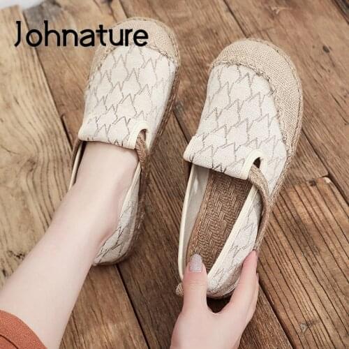 Johnature Flats Women Shoes 2021 New Spring/Autumn Retro Concise Handmade Shallow Round Toe Cotton Linen Casual Ladies Shoes