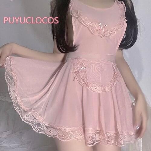 Women Cosplay Costume Sexy Erotic Lingeries Maid Waitress Backless Uniform Pink Apron Dress G-String